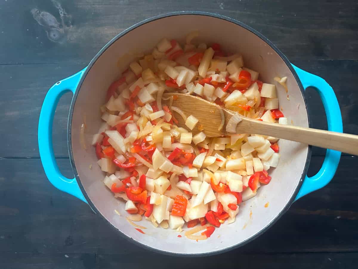 The veggies added to the potatoes.