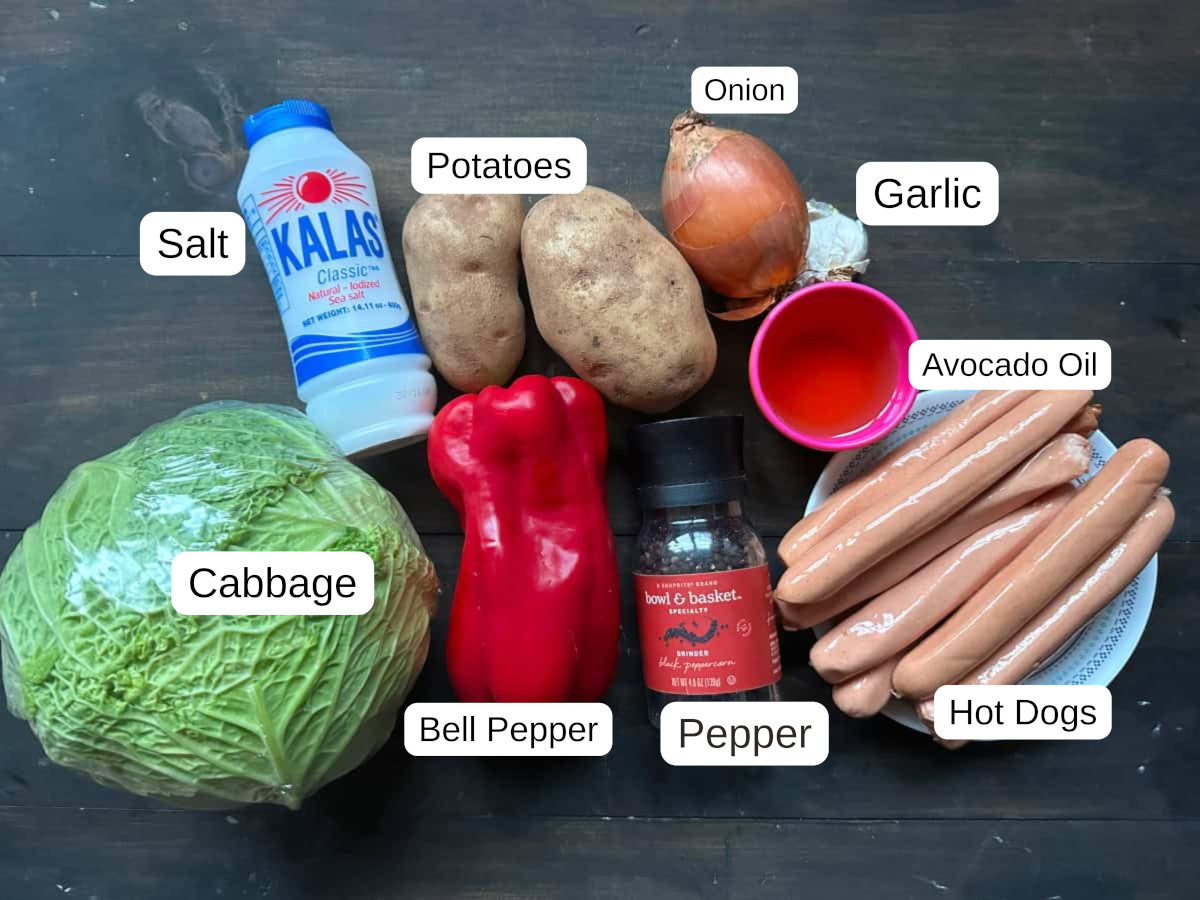 Labeled ingredients to make hot dog hash.