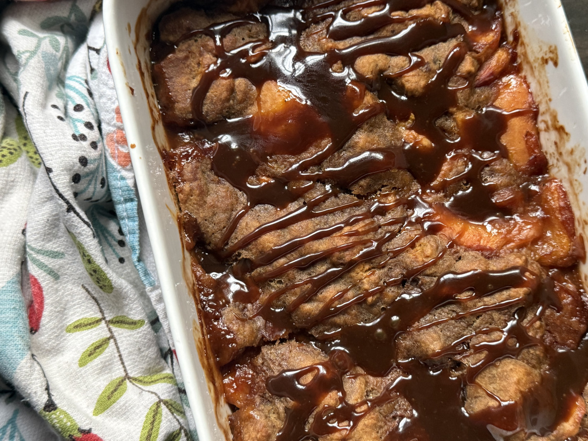 Paleo peach cobbler with glaze on top.