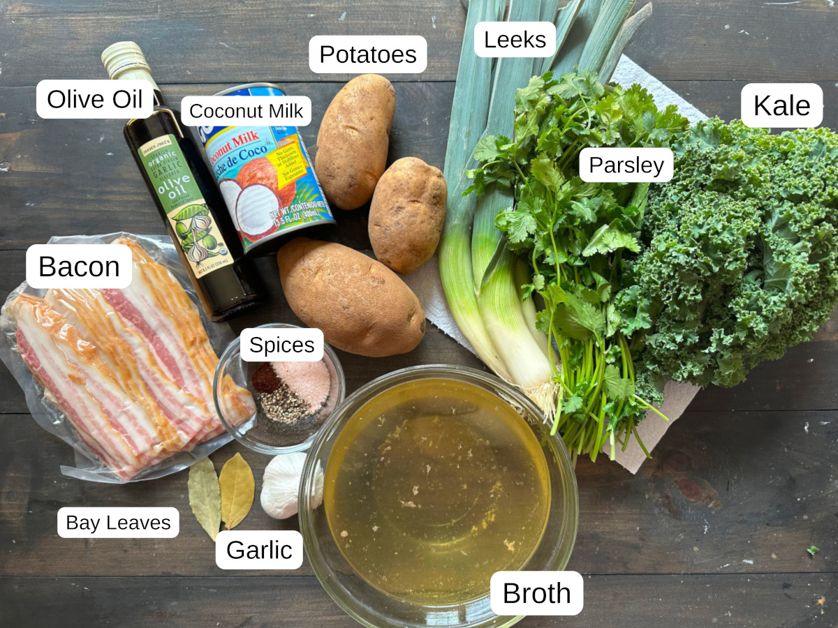 Labeled ingredients for potato leek and bacon soup.