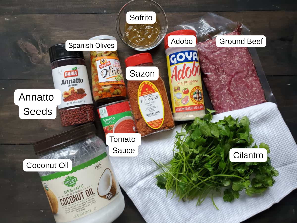 Labeled ingredients for Puerto Rican picadillo.