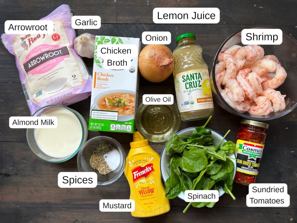 Labeled ingredients for creamy tuscan shrimp.