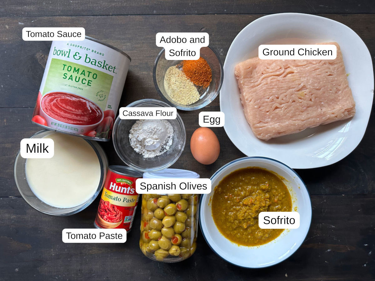 Labeled ingredients needed for puerto rican meatballs.