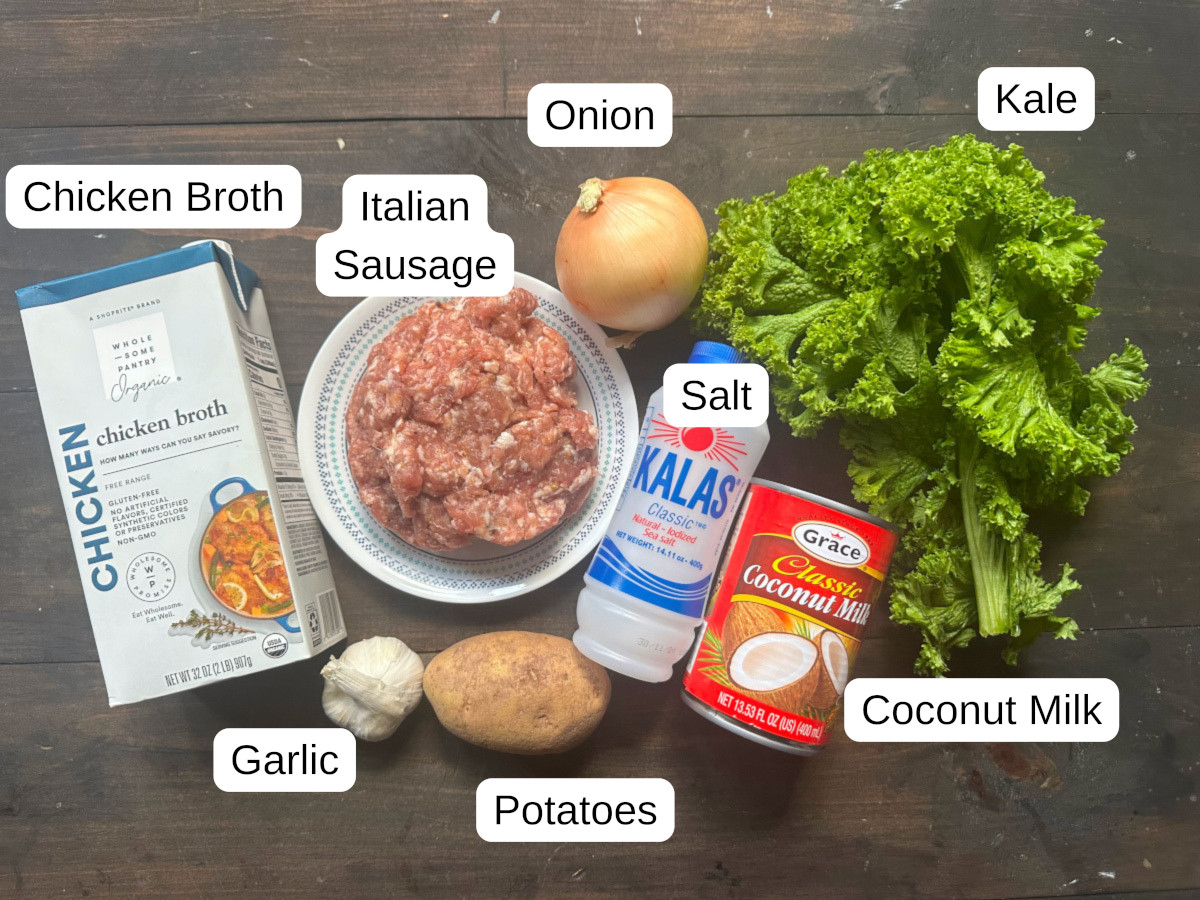 Labeled ingredients needed to make slow cooker zuppa toscana.