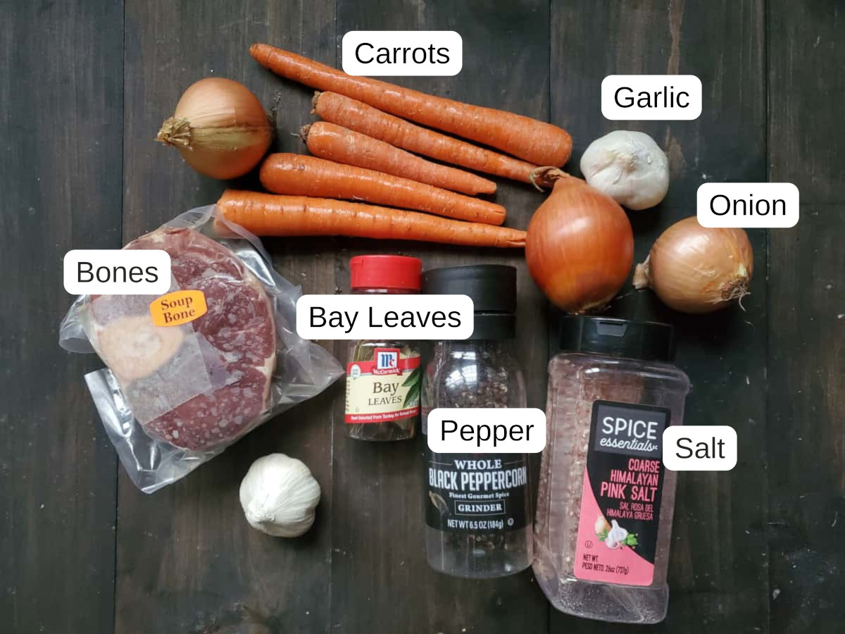 Labeled ingredients needed for slow cooker bone broth.