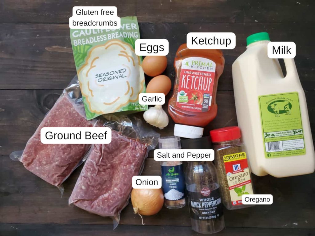 The labeled ingredients needed to make gluten free meatloaf.