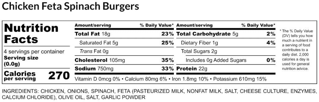 chicken feta spinach burgers nutrition label