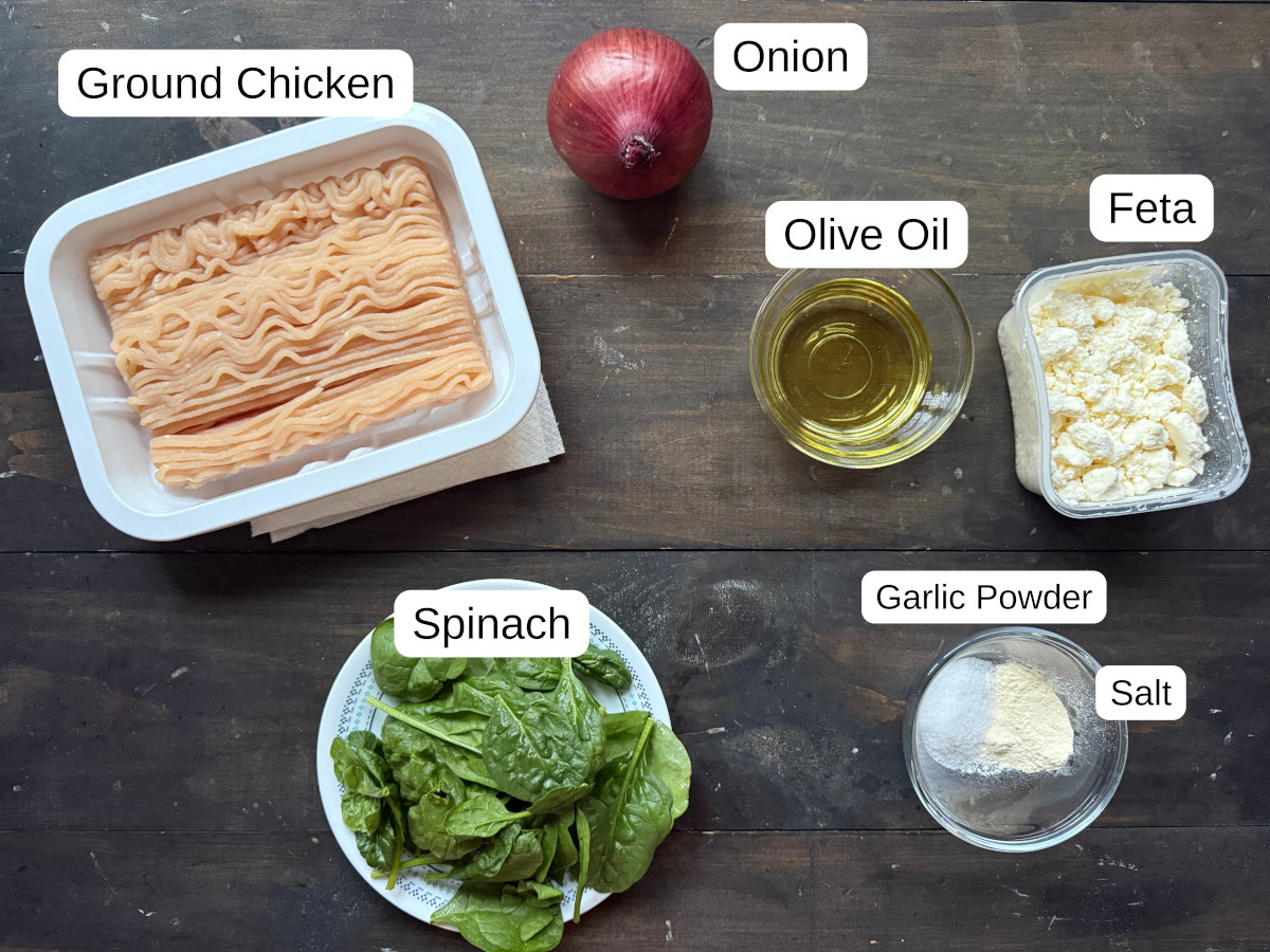 Labeled ingredients for chicken feta spinach burgers.