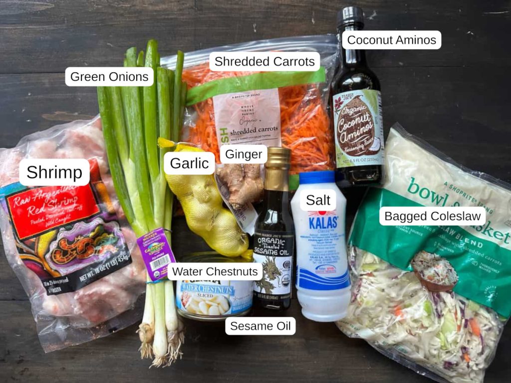 The labeled ingredients needed for shrimp egg roll in a bowl.