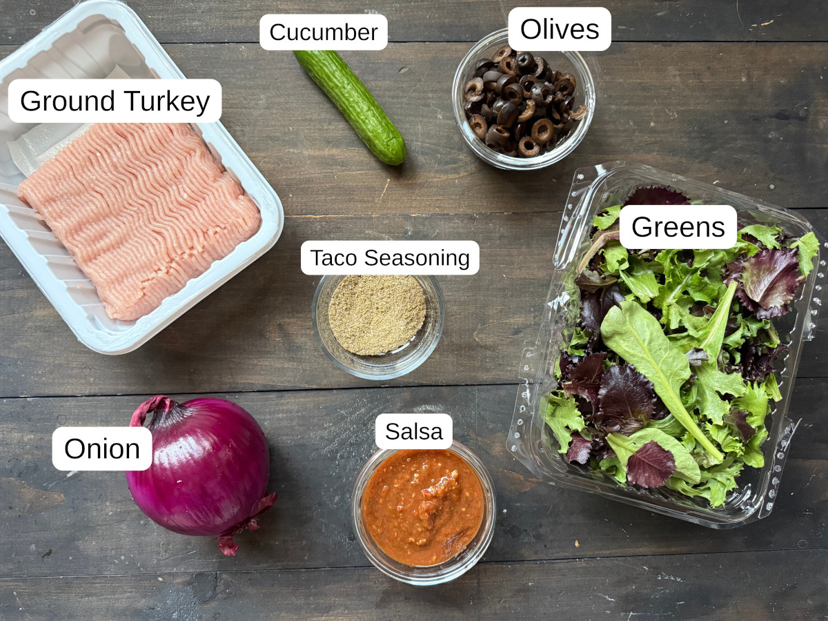 Labeled ingredients needed for healthy turkey burrito bowls.