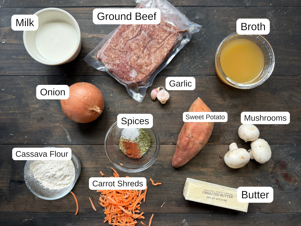 Labeled ingredients needed for sweet potato shepherd's pie.