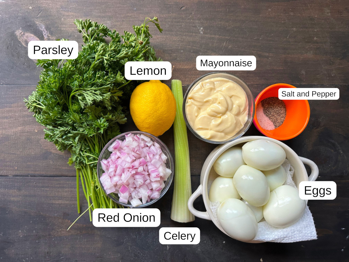 The labeled ingredients for paleo egg salad.
