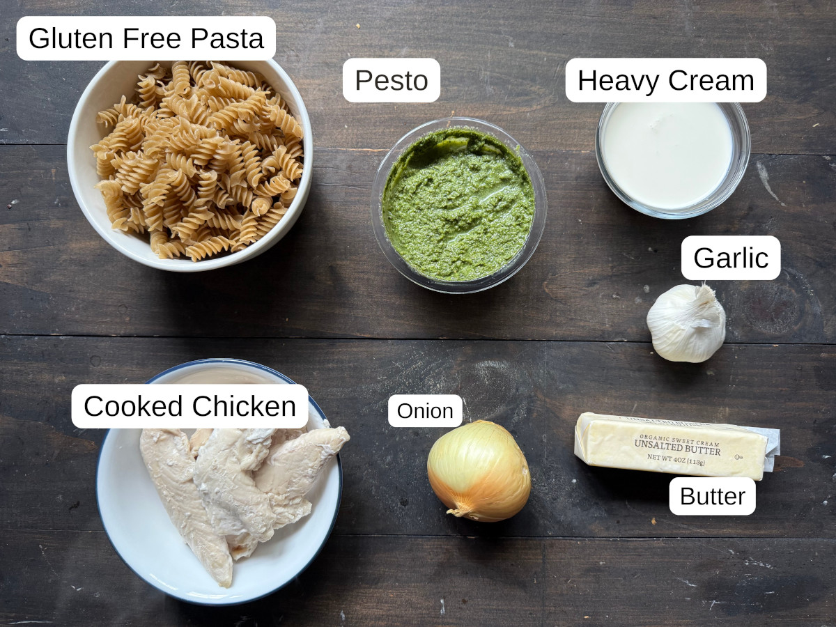The labeled ingredients for chicken pesto pasta.
