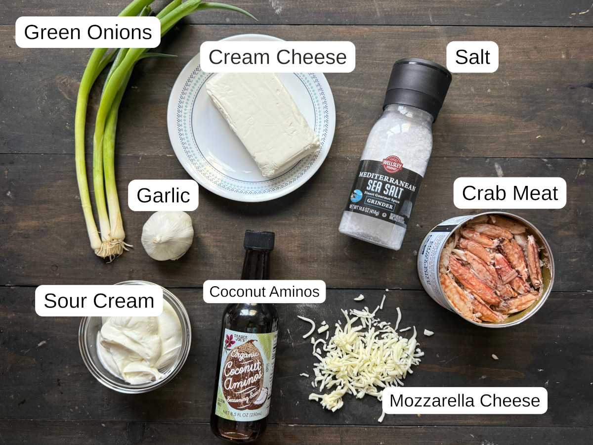Labeled ingredients needed for healthy crab Rangoon dip.