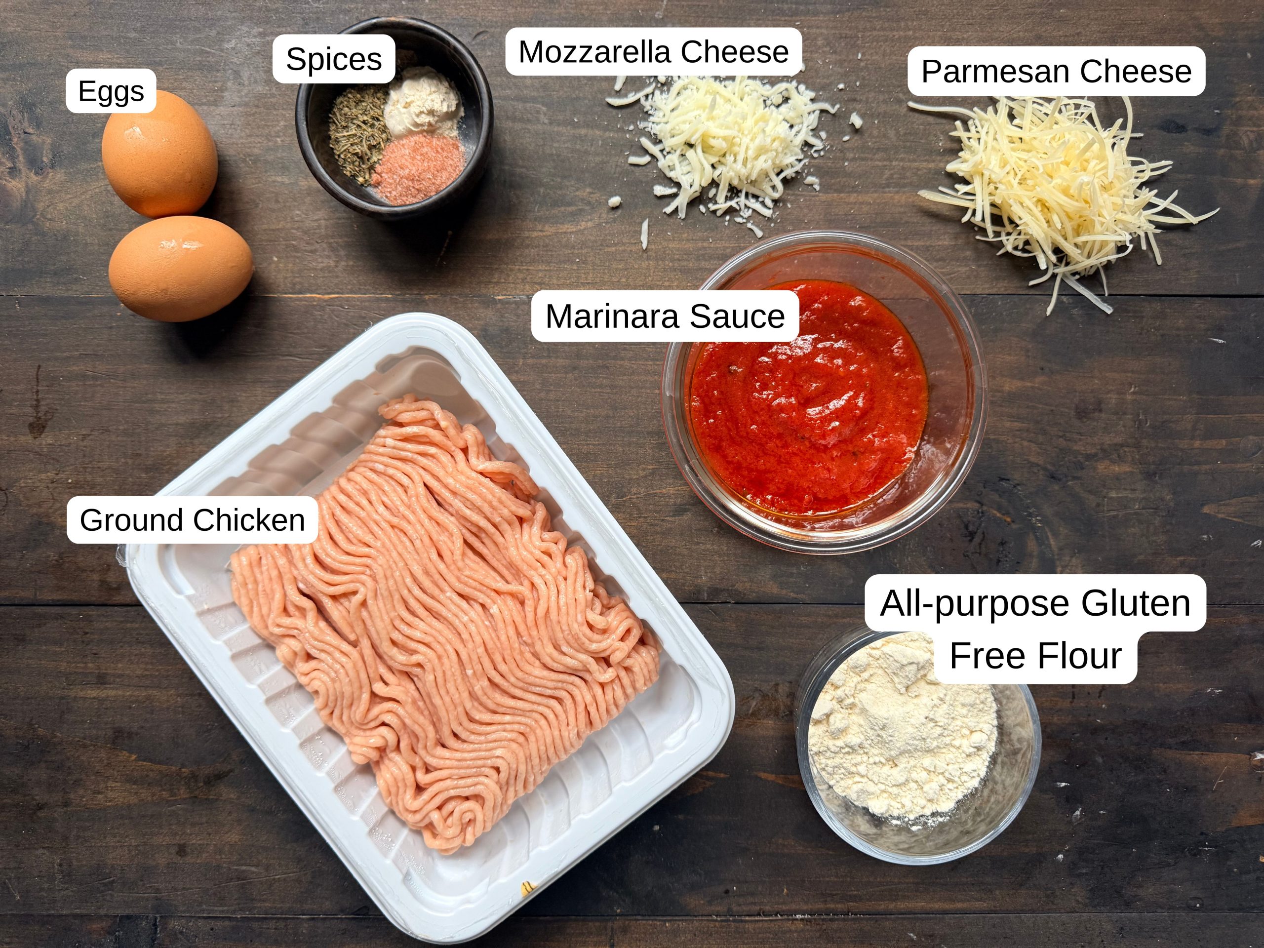 The labeled ingredients needed for chicken parmesan meatballs.
