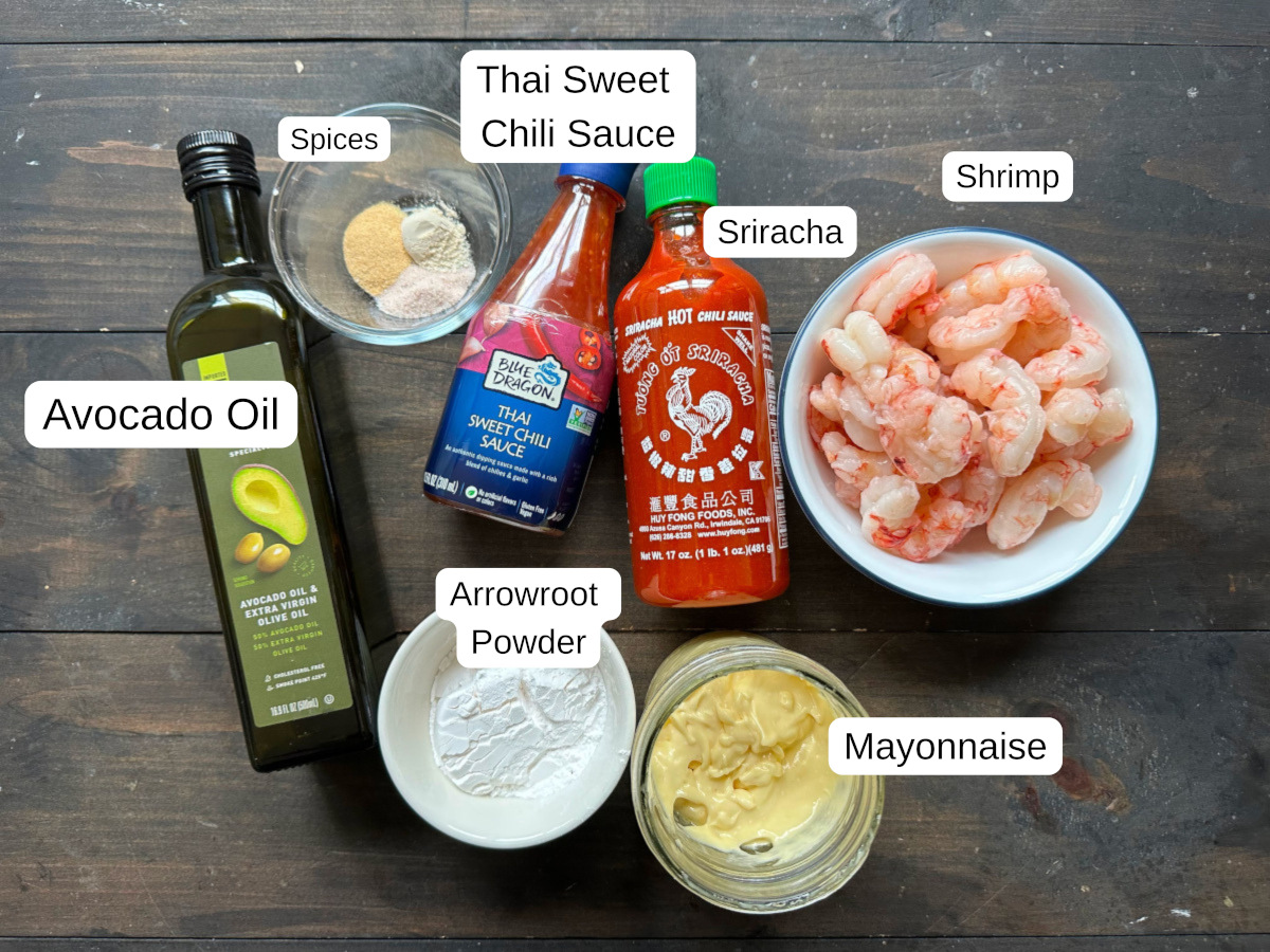 Labeled ingredients needed to make gluten free bang bang shrimp.