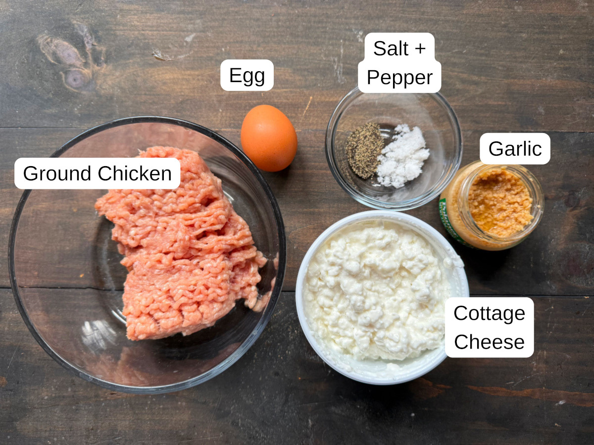 Labeled ingredients needed for ground chicken pizza crust.