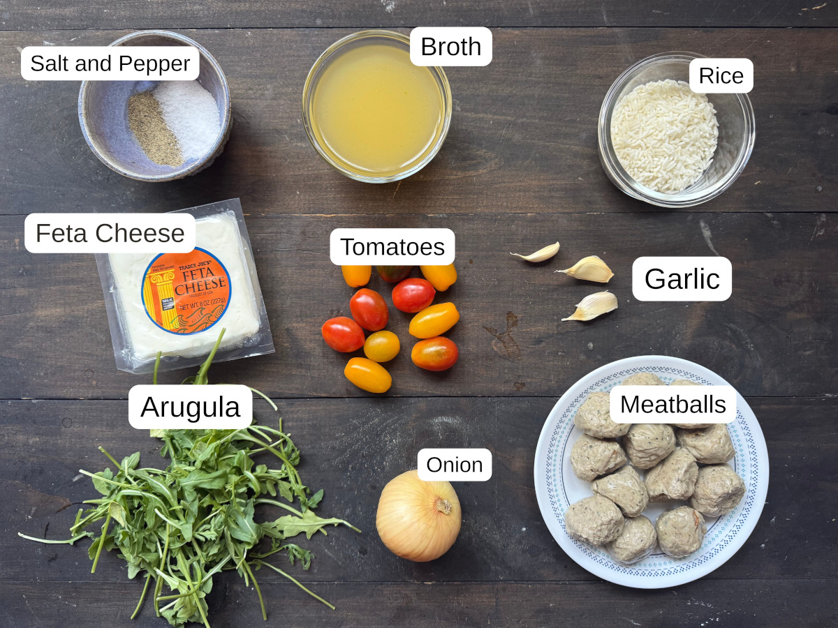 Labeled ingredients needed for meatball dump and bake casserole.