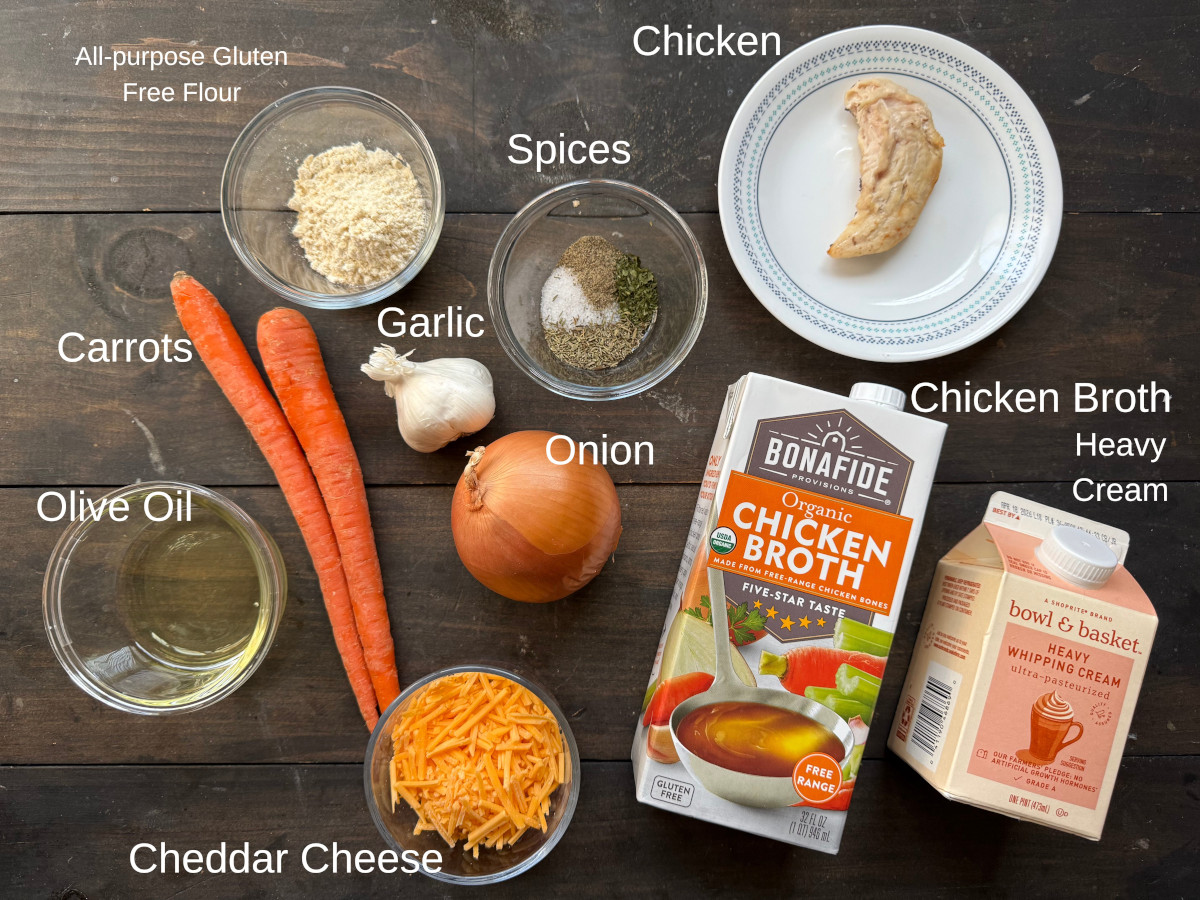 labeled ingredients for roasted garlic soup.